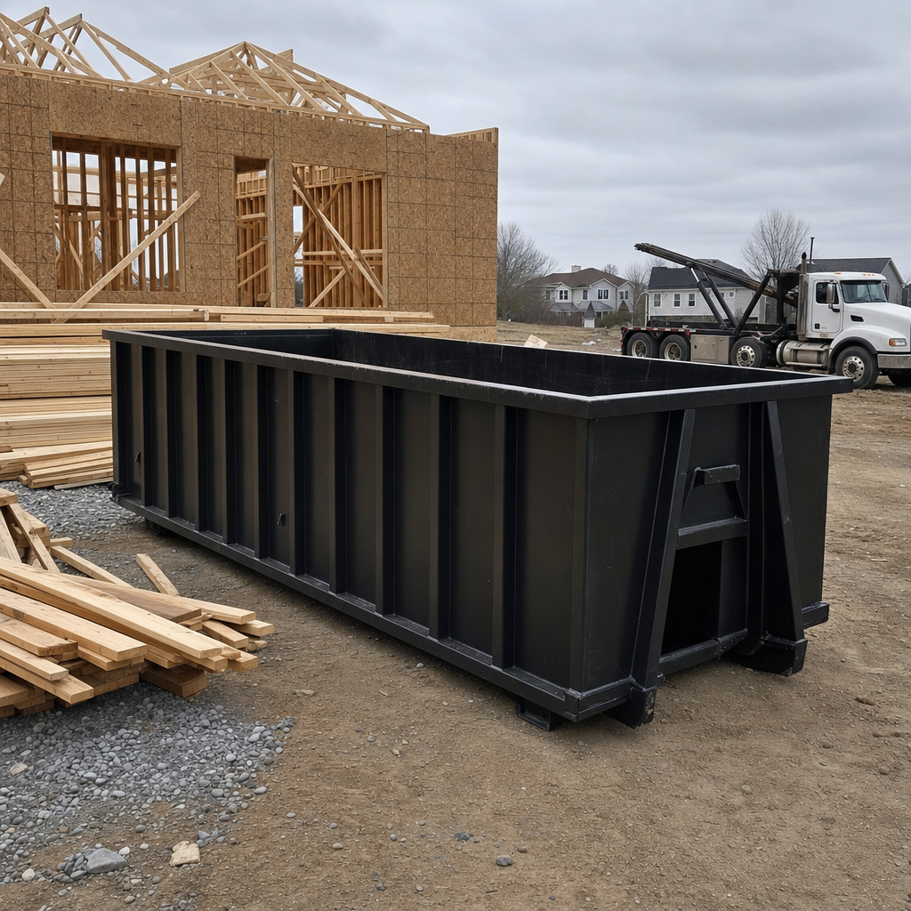 Matte-black 40-yard roll-off dumpster staged on a framed-out residential construction site in Athol, framing lumber stacked nearby, hooklift delivery truck visible in the background under bright Colorado daylight