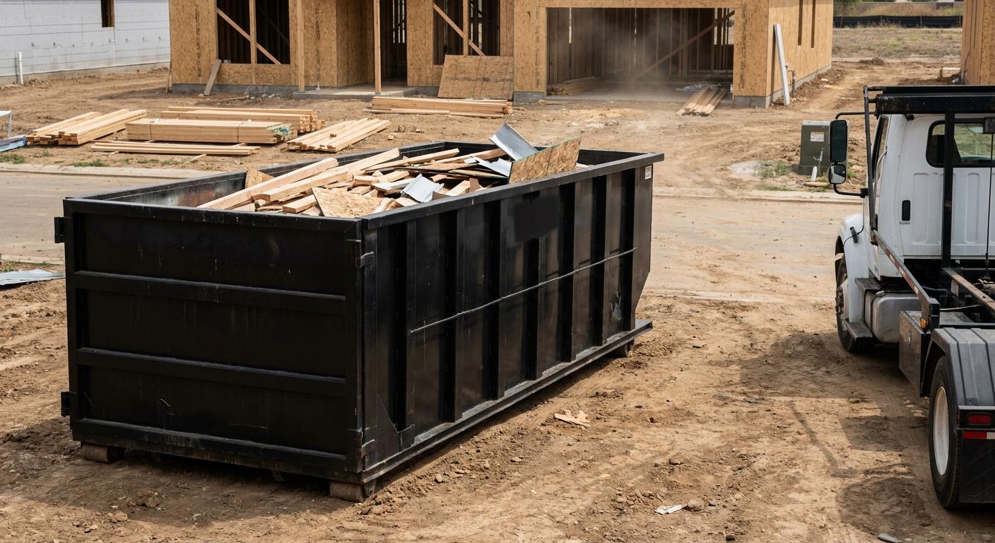 Matte-black 20-yard roll-off construction dumpster with heavy ribbed steel sidewalls and swing rear doors at a working jobsite in Athol, sitting directly on compacted dirt with an unmarked white hauler partially visible at the far edge of the frame.
