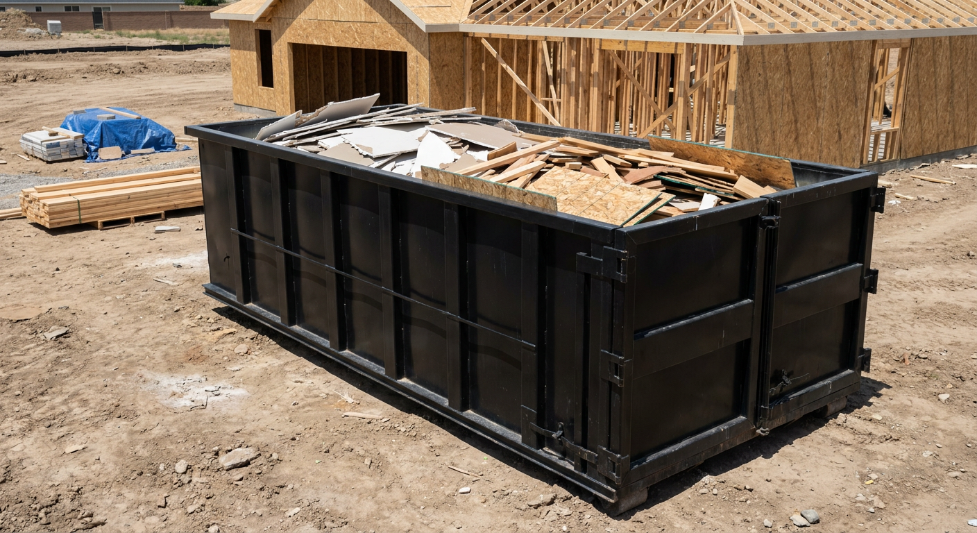 Matte-black 30-yard roll-off construction dumpster sitting directly on the compacted-dirt site of a framed single-family home build in Athol, drywall and lumber scrap loaded inside.