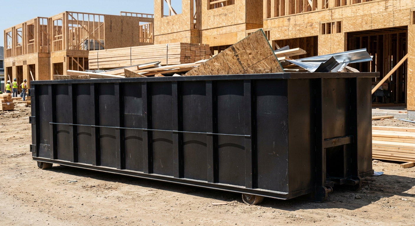 Matte-black 40-yard roll-off construction dumpster being lowered from a white-cab hooklift delivery truck onto the compacted-dirt jobsite at a commercial build site in Athol