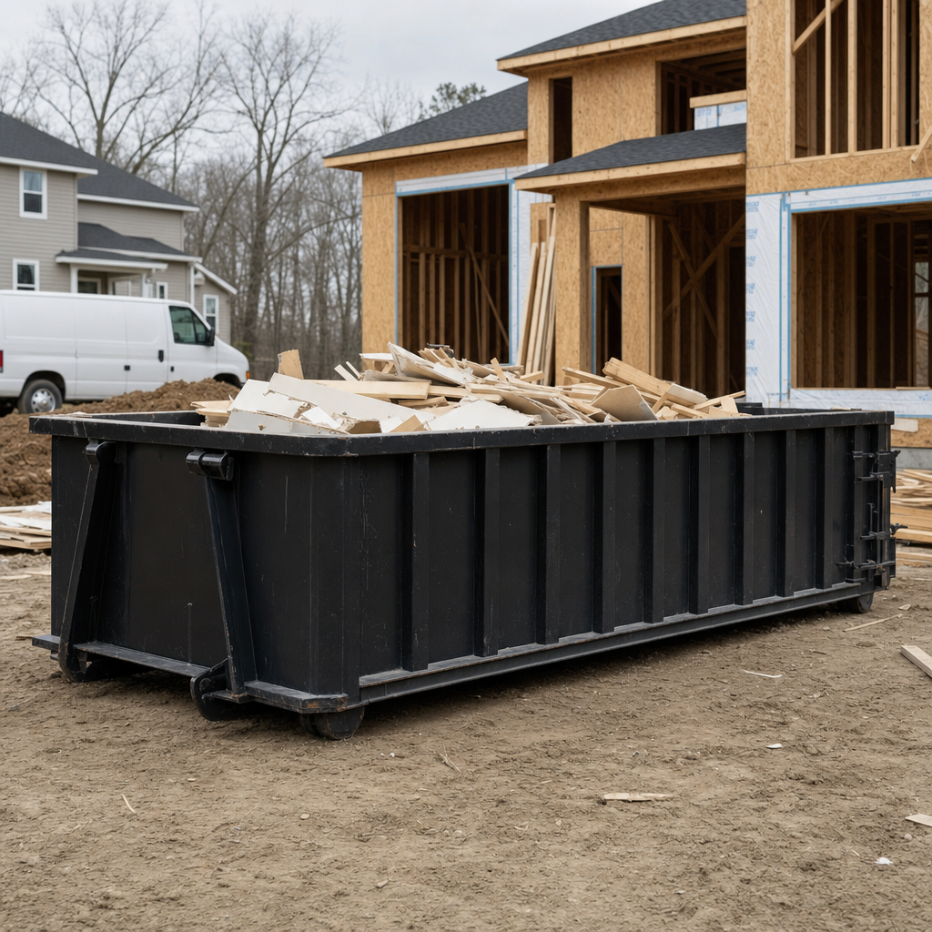 Worker in a yellow high-visibility vest tossing framing lumber and broken drywall into a matte-black 30-yard construction roll-off dumpster on an active build site in Athol, bright daylight