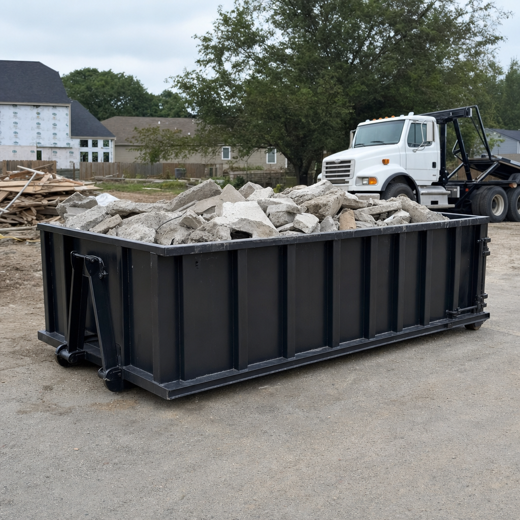 Low-profile matte-black lowboy roll-off dumpster loaded with broken concrete slab and rebar at a foundation tear-out in Athol, skid steer parked beside it, sunny Colorado morning