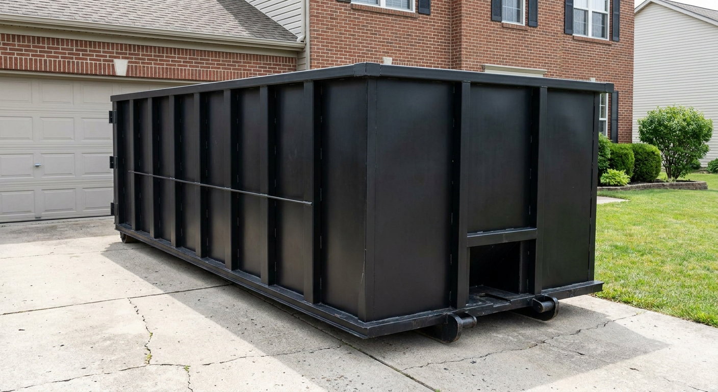 Matte-black 20-yard roll-off container on a Athol residential concrete driveway with reinforced ribbed steel sidewalls and a hinged rear walk-in door, clean bright daylight.