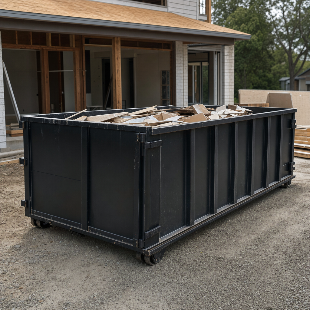 Large matte-black 30-yard construction roll-off dumpster at an active Athol jobsite, steel-gray top rails and bottom rollers visible, loaded with construction debris.