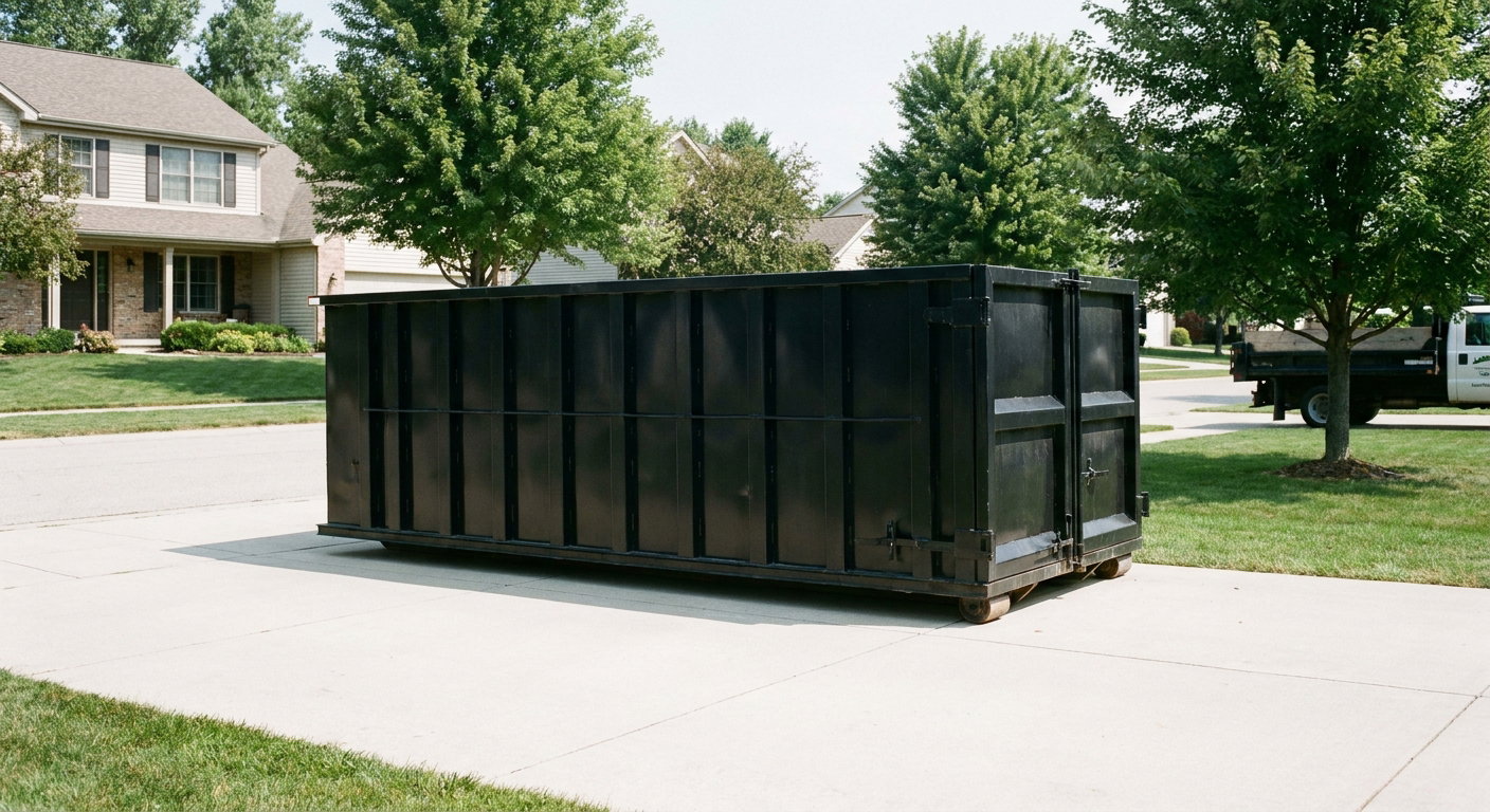 Matte-black 20-yard roll-off dumpster sitting level on a clean Athol residential concrete driveway under bright daylight, demonstrating clean placement directly on the concrete.