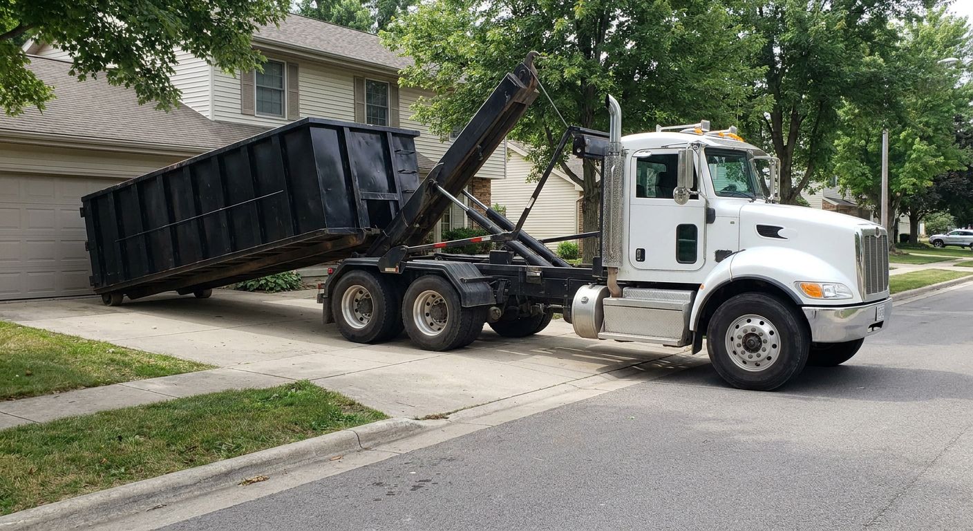 White-cab hooklift roll-off truck actively lowering a matte-black dumpster onto a Athol residential concrete driveway, the dumpster's rear wheels touching the driveway as the hoist arm tilts the bed forward, mid-morning daylight.