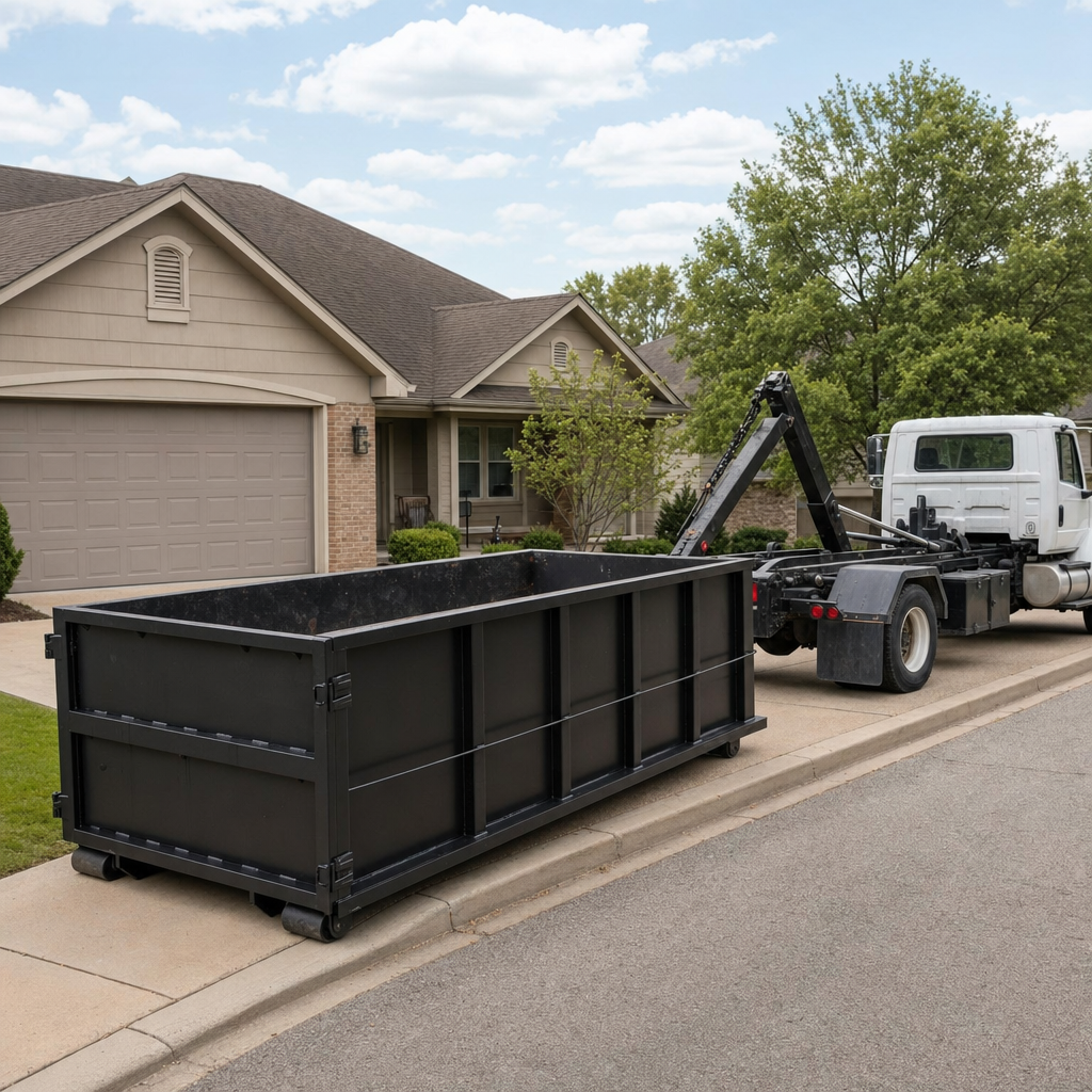 Wide documentary shot of a matte-black roll-off dumpster on a Athol residential driveway in the foreground and a contractor jobsite container in the soft-focus background, bright daylight, calm and orderly composition.