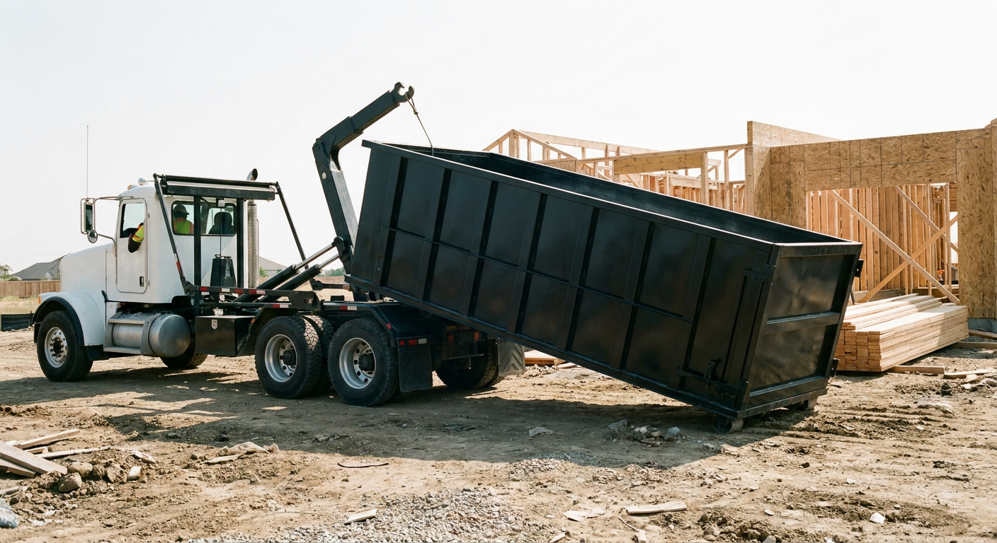Matte-black roll-off dumpster being delivered onto a clean residential concrete driveway in Athol by an unmarked white hooklift hauler truck, bright morning daylight, documentary 35mm perspective.