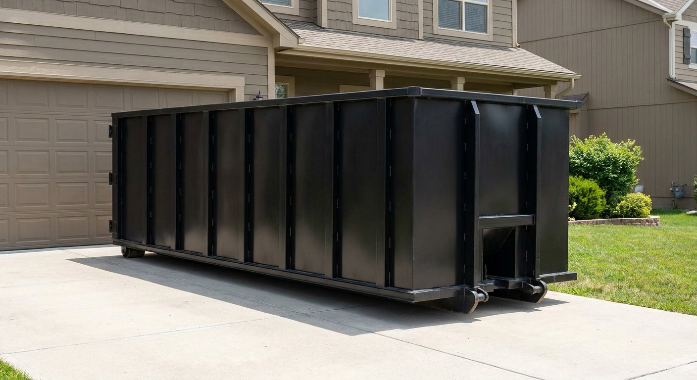 Matte-black residential roll-off dumpster sitting directly on a suburban Athol concrete driveway, garage door closed, single-family home in background, bright morning daylight.