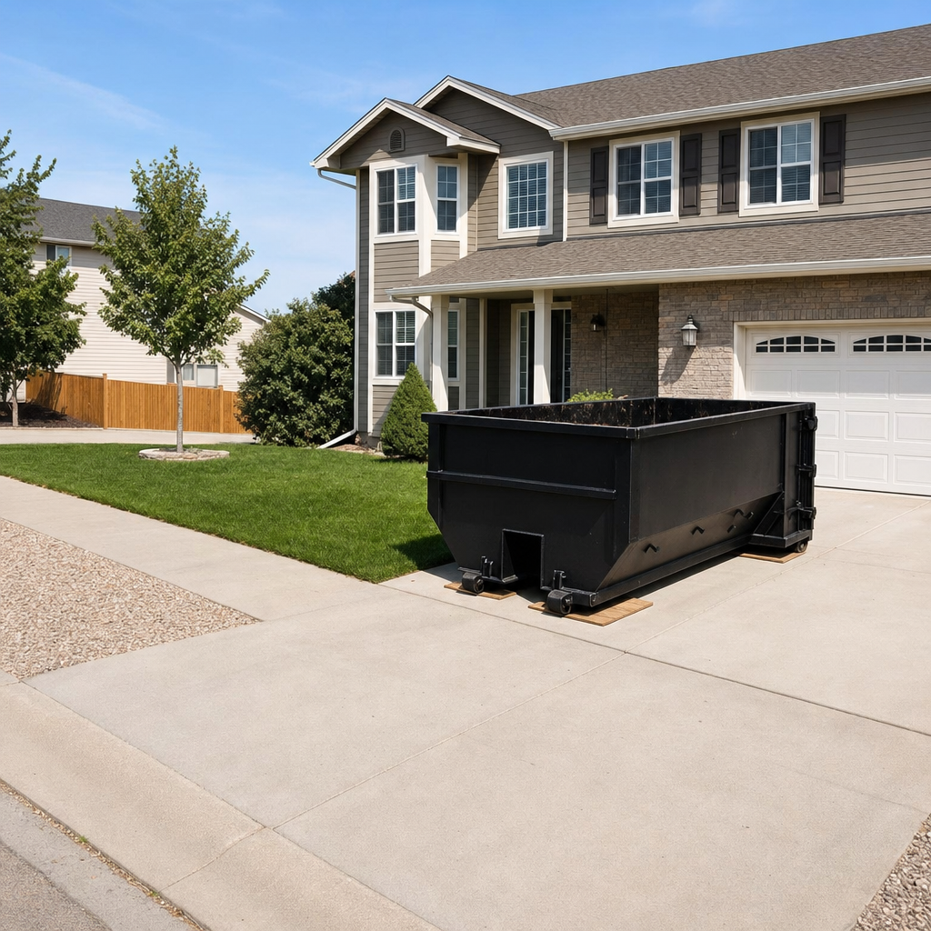 10-yard matte-black residential dumpster placed directly on a narrow Athol concrete driveway, room remains for a parked sedan beside it, mid-morning natural light
