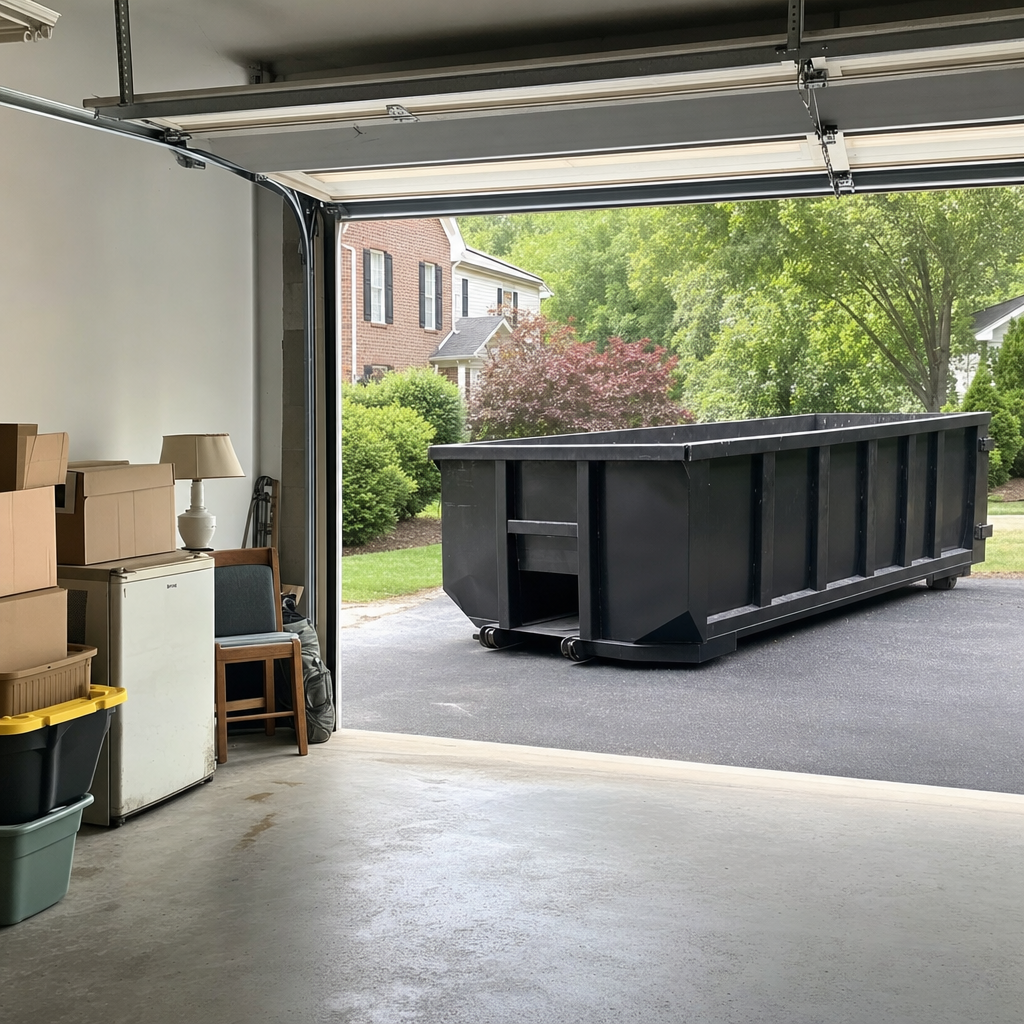 Open garage interior in a Athol home mid-cleanout — boxed items, an old appliance, and stacked yard tools queued near the driveway for a matte-black roll-off dumpster, organized and calm