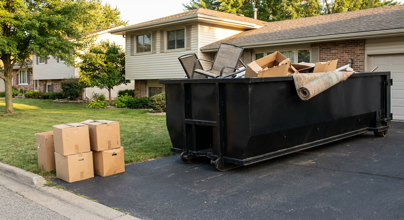Front-yard view of a Athol split-level home with a 20-yard matte-black roll-off dumpster sitting directly on the asphalt driveway, a few clearly labeled donation boxes staged at the curb, calm sunny afternoon.