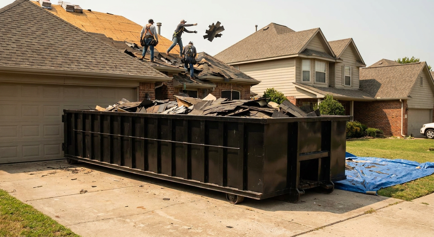 Matte-black roofing roll-off dumpster placed directly on a Athol residential concrete driveway, a tear-off crew on a two-story asphalt-shingle roof tossing shingle bundles into the low-walled container, bright daylight, documentary 35mm perspective.