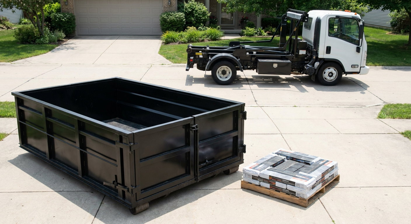 Matte-black 15-yard roofing roll-off dumpster with reinforced low side walls sitting directly on a Athol residential concrete driveway, three-tab asphalt shingle bundles stacked nearby, an unmarked white hauler truck partially visible at the edge of the frame.