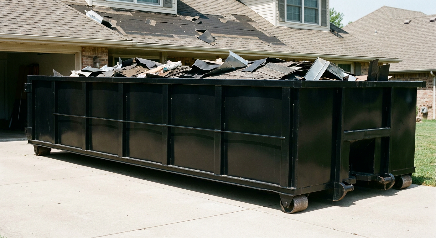 Matte-black 20-yard roofing roll-off dumpster with steel ribbed sides and swinging rear door, sitting directly on the concrete driveway of a two-story Athol home, asphalt shingle debris being loaded over the low wall, clean documentary lighting.