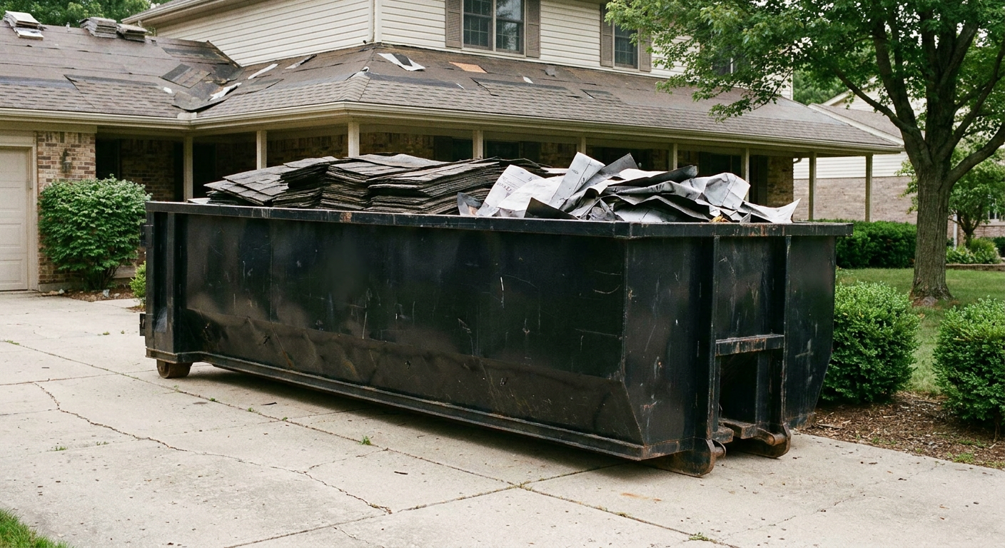 Matte-black 30-yard roofing roll-off dumpster sitting directly on a Athol concrete driveway, taller ribbed steel side panels, mixed tear-off debris of asphalt shingles and underlayment inside, professional documentary daylight.