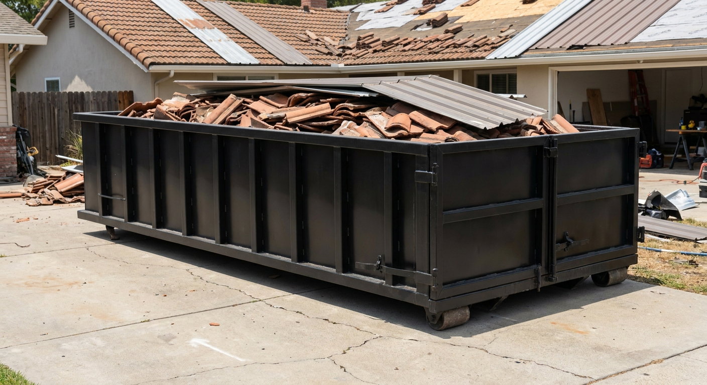 Matte-black low-wall heavy-debris roofing roll-off dumpster sitting directly on a Athol concrete driveway, broken concrete clay roof tiles and metal panel sections loaded inside, reinforced ribbed steel side walls visible, bright outdoor daylight.