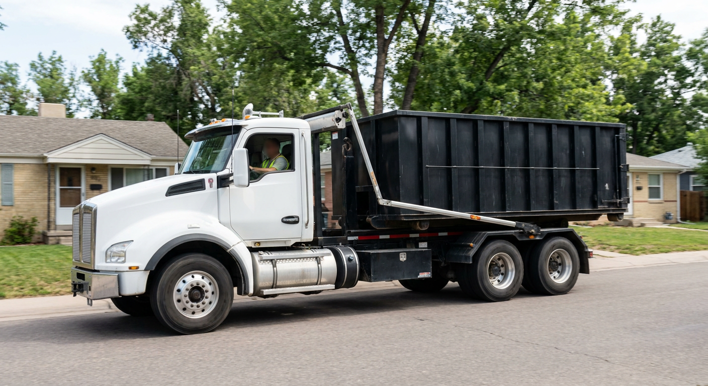 A wide documentary shot of a matte-black roll-off delivery truck pulling onto a quiet Athol residential street at mid-morning, with neighborhood rooftops and tree-lined blocks visible behind, showing the metro coverage footprint.