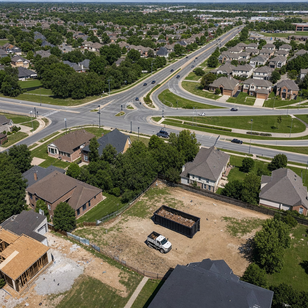 An overhead documentary view of the Athol metro area at midday, showing the spread of neighborhoods, arterial roads, and the dispatch radius from a central yard — clean daylight, organized geographic layout.
