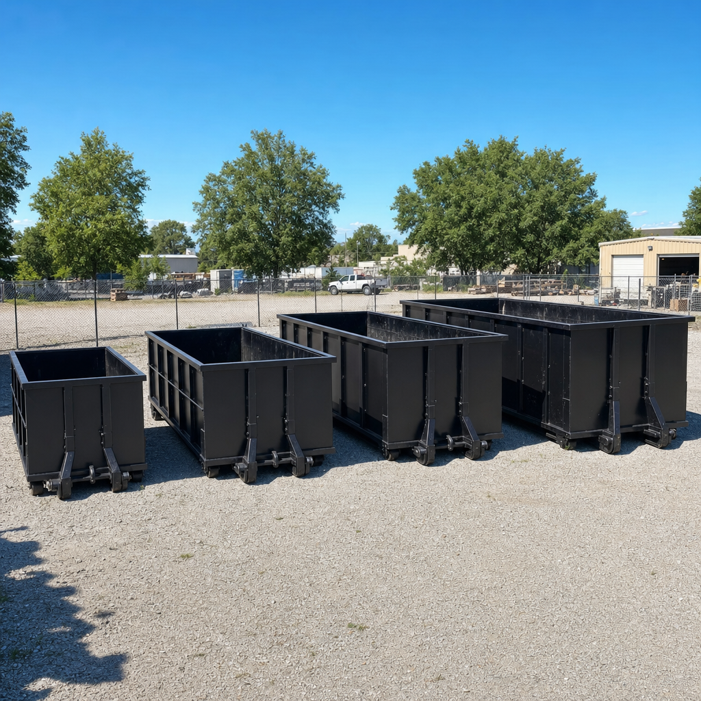 A clean lineup of matte-black roll-off dumpsters in 10, 20, 30, and 40-yard sizes staged on a sunlit gravel yard in Athol, showing the size progression from compact to commercial-scale containers.