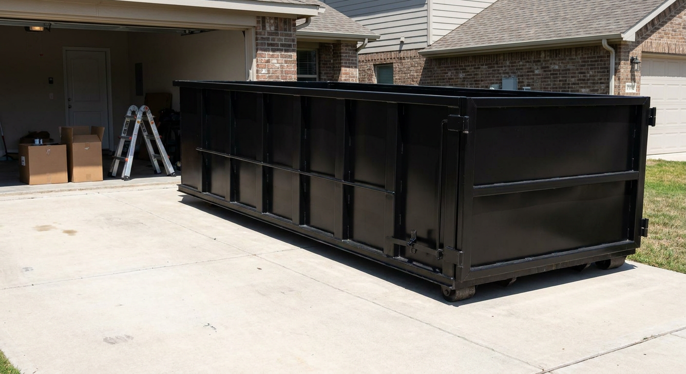 A matte-black 10-yard roll-off dumpster sitting directly on a residential Athol concrete driveway, mid-day sunlight, clean and ready for a garage cleanout.