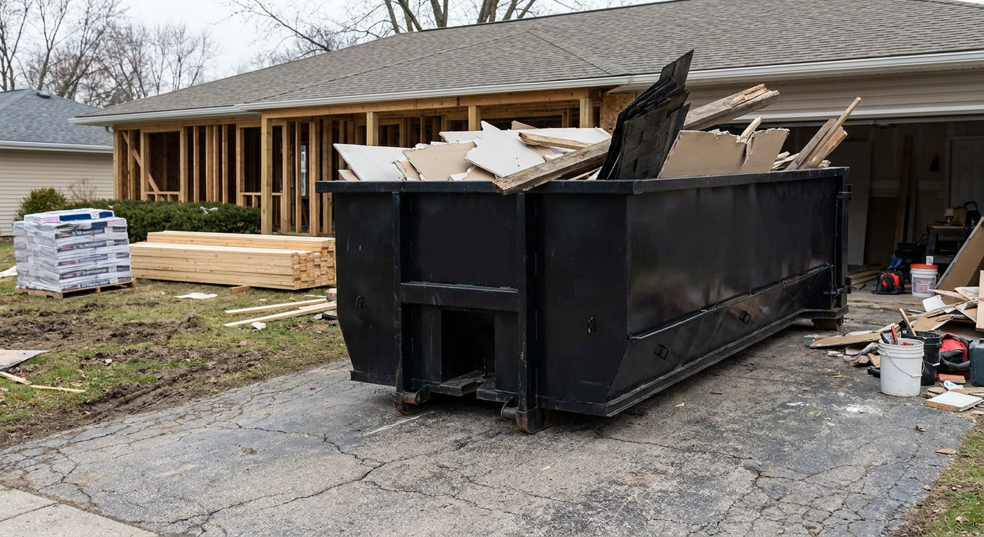 A matte-black 20-yard roll-off dumpster placed alongside a mid-renovation Athol home directly on the asphalt driveway, with framing materials and torn-off shingles staged neatly nearby.