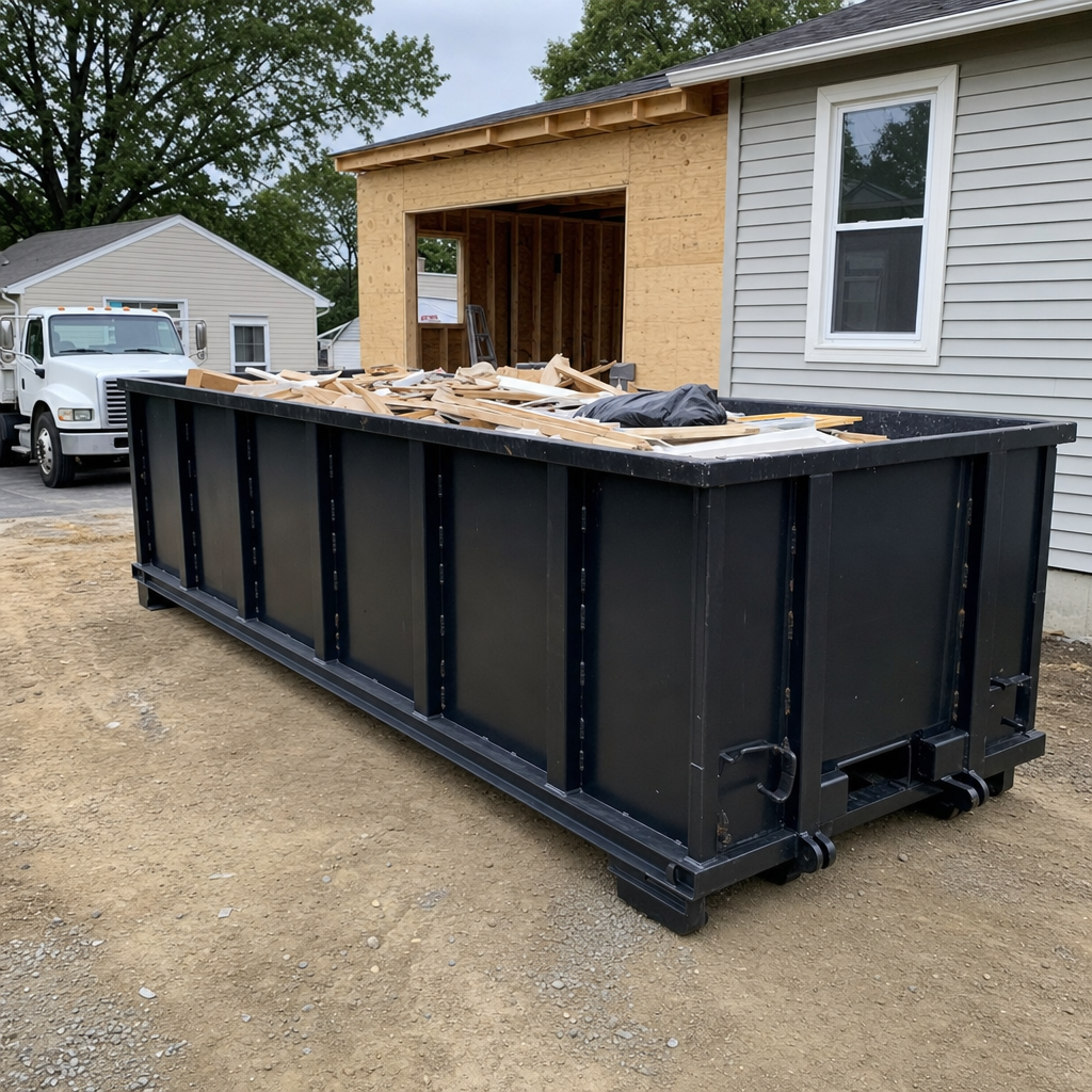 A matte-black 30-yard roll-off dumpster positioned at a Athol residential addition jobsite, with framing lumber and drywall scraps loaded through the open swinging rear doors.