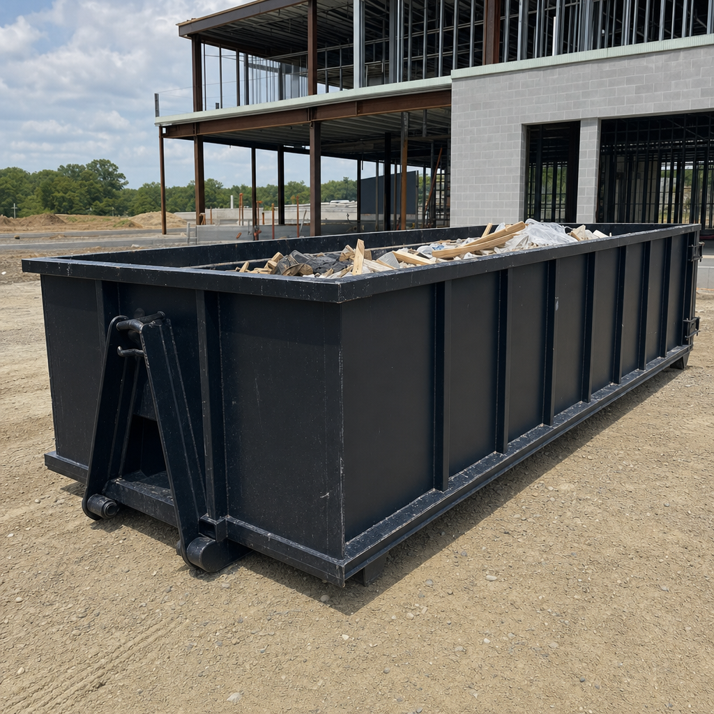 A matte-black 40-yard roll-off dumpster staged on a large Athol commercial construction lot, with a hooklift delivery truck parked alongside under bright midday sky.