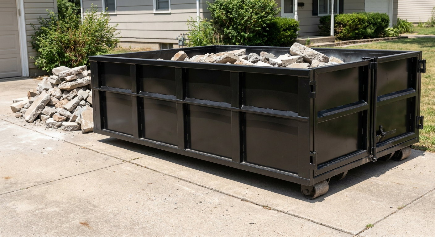 A matte-black low-side heavy-debris roll-off dumpster placed directly on a Athol concrete driveway, with broken concrete chunks neatly stacked beside it under clean daylight.
